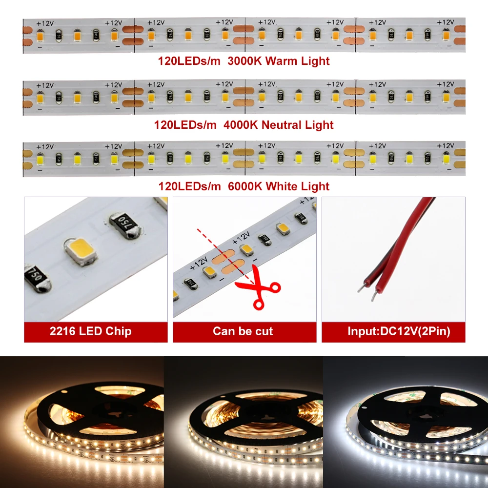 Новое поступление Светодиодные ленты DC12V 2216 чип 120 светодиодный s/m 24V 300 светодиодный s/m 3000K 4000K 6000K высокое Яркость гибкий светодиодный Диод светодиодные ленты