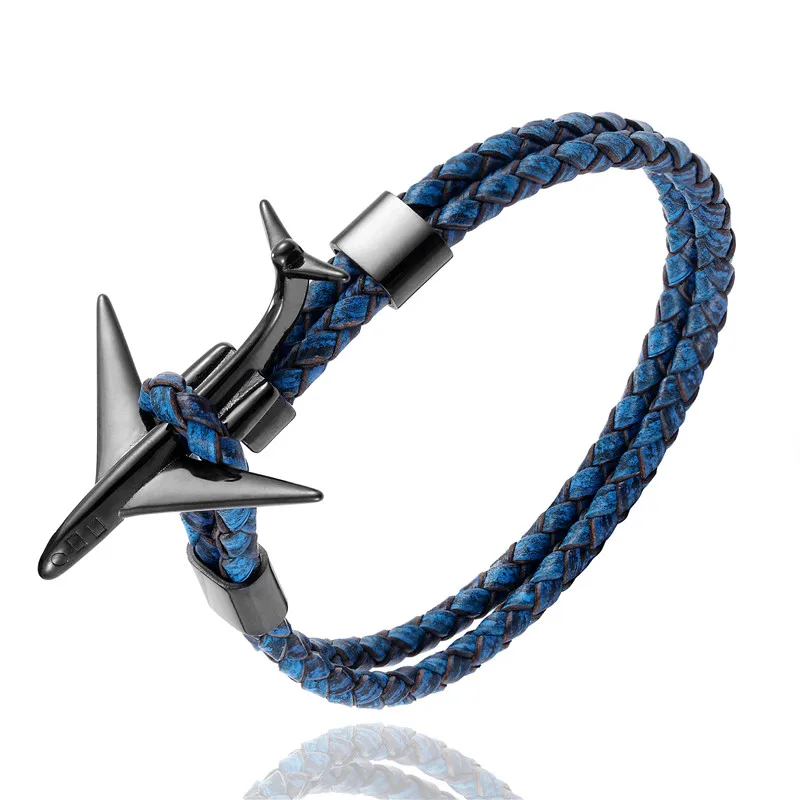 MKENDN, модный ретро кожаный браслет, нержавеющая сталь, самолет, якорь, браслеты для мужчин и женщин, Летний стиль, обёрточная бумага, металлический спортивный крючок - Metal Color: Black Blue
