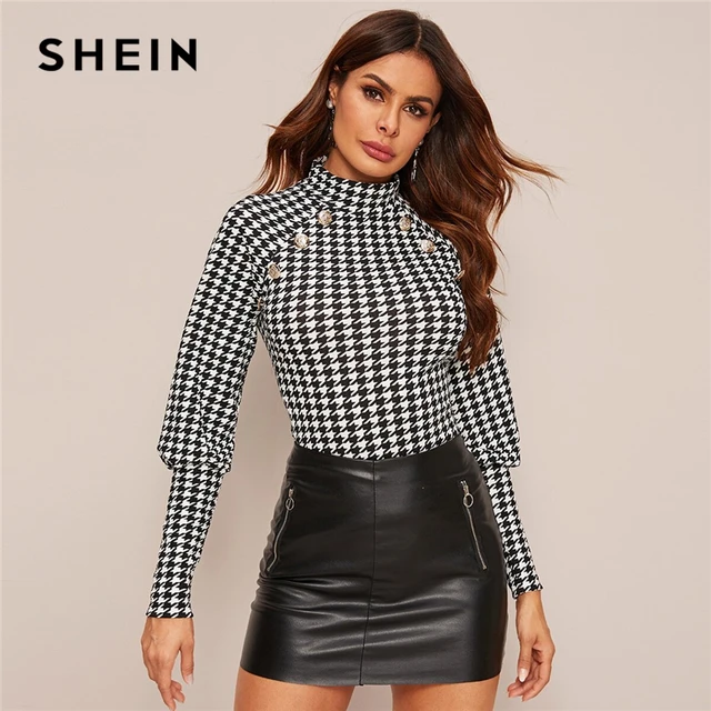 US $11.00 SHEIN Black and White Button Detail Houndstooth Print Gigot Sleeve Top Women Spring Stand Collar Sl