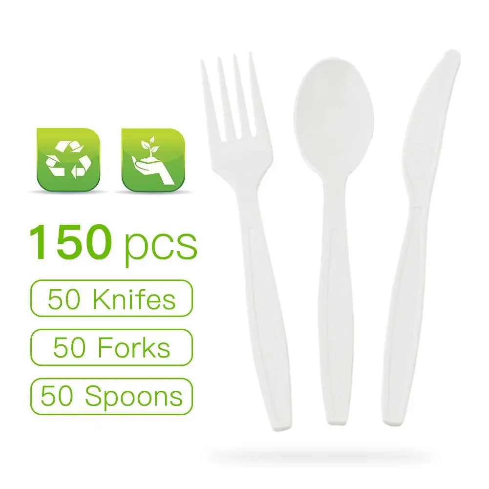 150pcs Disposable Utensils 100% Compostable Forks Spoons Knives Cutlery Combo Set Durable and Heat Resistant Plastic with Tray