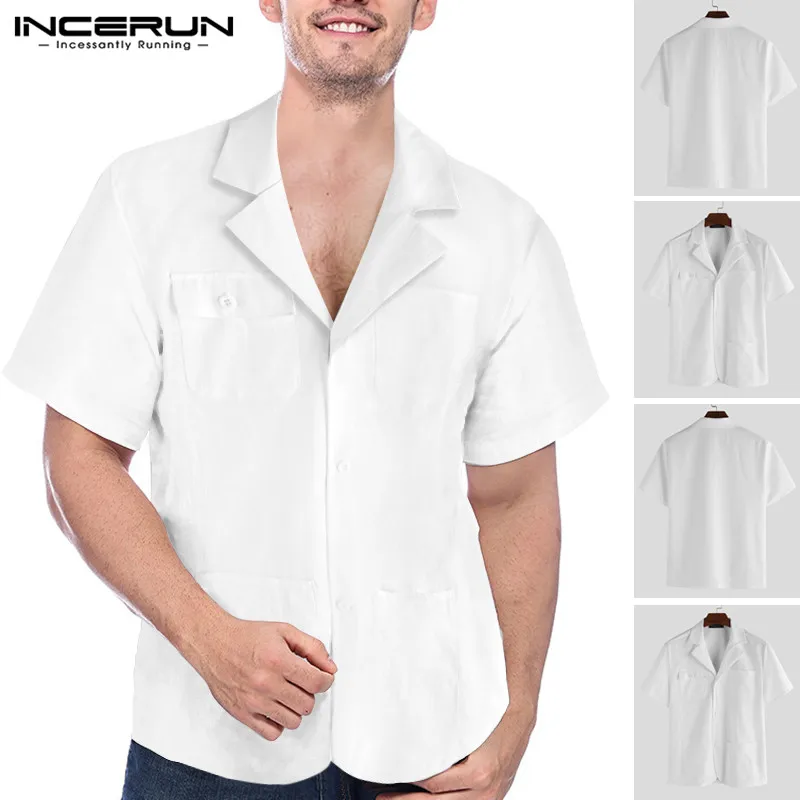 

Men Short Sleeve Shirt Summer Loose Casual Turndown Collar Tops S-5XL White Lapel Breathable Male Camisa Plus Size INCERUN