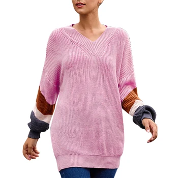 

Fashion Women Sweaters Autumn Winter Color Block Puff Sleeve V Neck Knit Sweater Women Blouse Pattern patchwork wool sweater