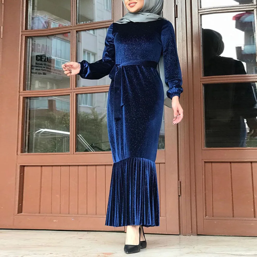 dark blue dress Женская плиссированная бархатная абайя кафтан Дубайский хиджаб мусульманское платье турецкие платья абайя s кафтан Пакистан Саудовская Турция Исламская одежда - Цвет: dark blue dress