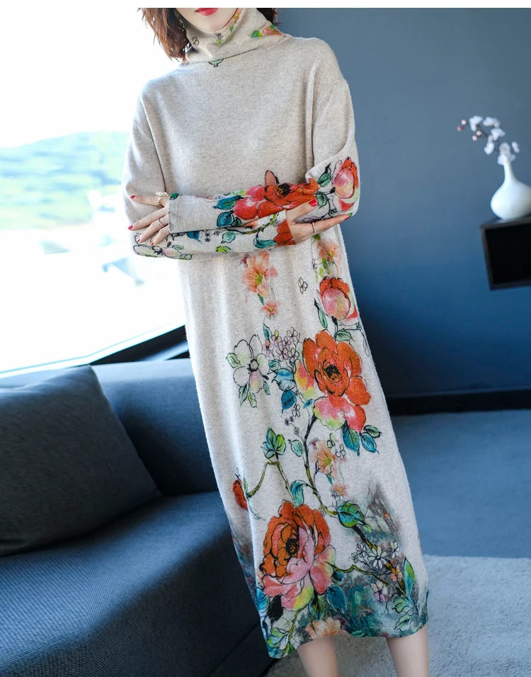 Fall Winter Vintage Women Turtleneck Long Sleeve Loose Floral Printed Cashmere Sweater Dress Woman Knitted Sweaters Dresses