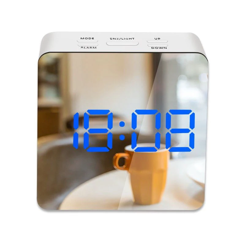 Светодиодный зеркальный будильник с диммером, функция повтора температуры для спальни, офиса, путешествий, цифровое украшение для дома часы - Цвет: square blue