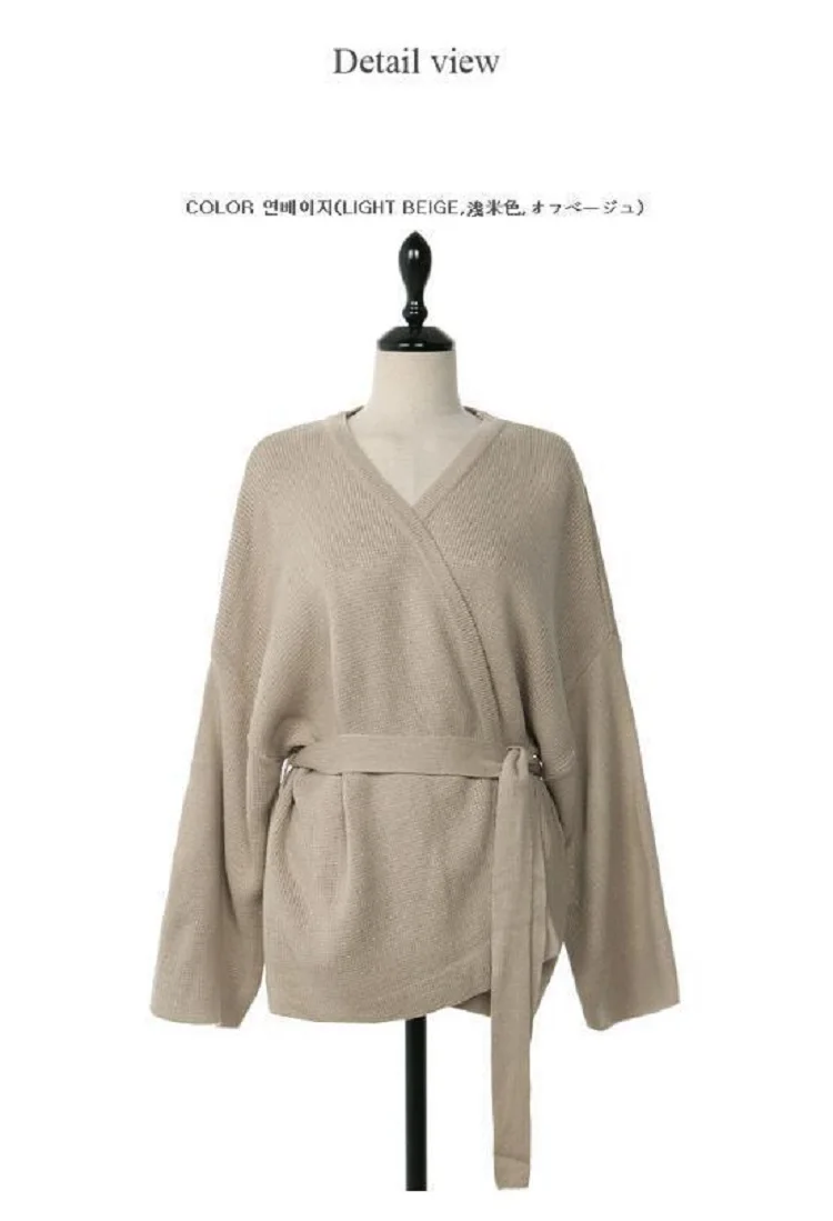 light khaki Осень зима вязаный ремень женский свитер, кардиган корейский негабаритный свитер женский v-образный вырез на талии кардиган из шерсти - Цвет: light khaki