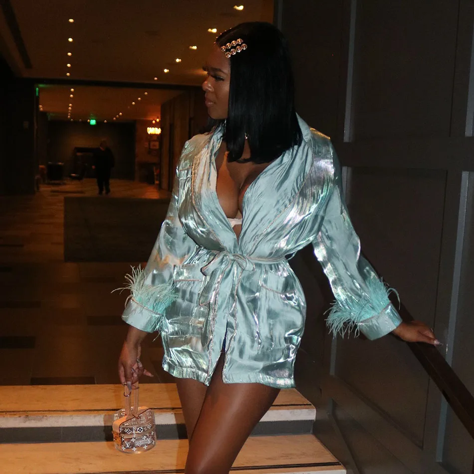 awesome Chic Bow Patchwork Feather Coat Female Long Sleeve Sexy V-Neck Slim Elegant Ladies Jacket Fashion A