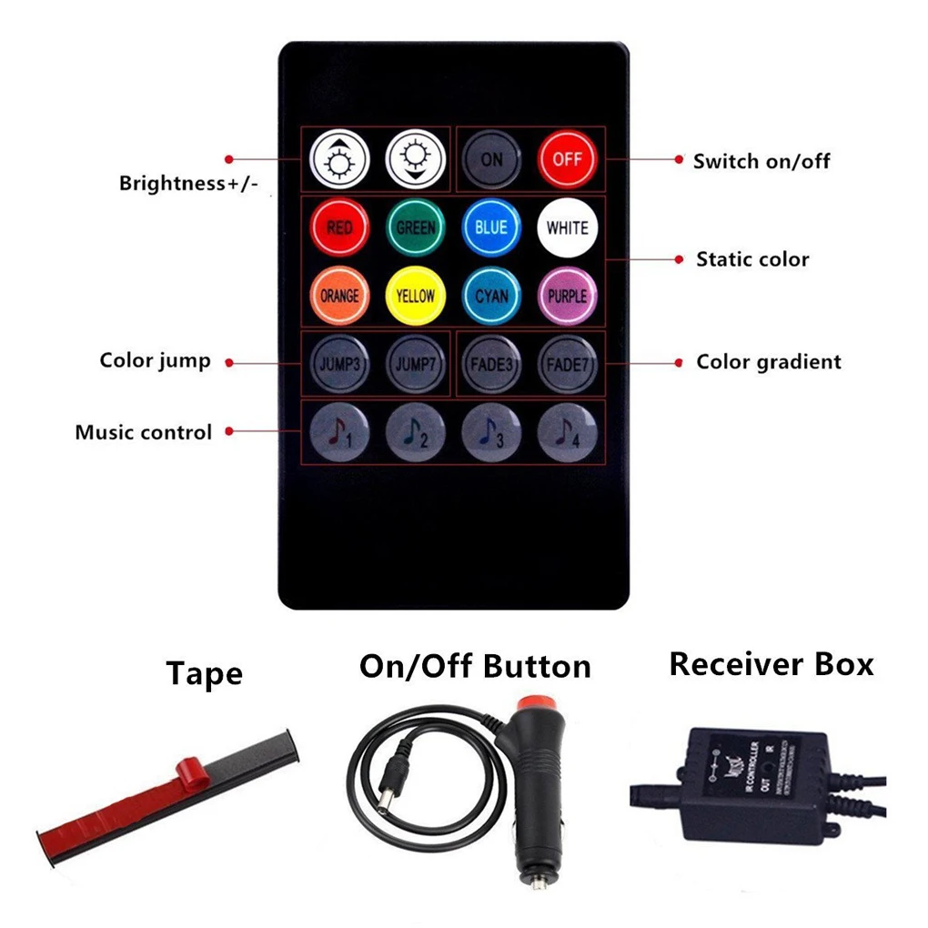 4 шт./компл. RGB 7 цветов 9SMD 5050 светодиодный неоновая лента атмосферный свет музыка дистанционное управление салона автомобиля модные украшения