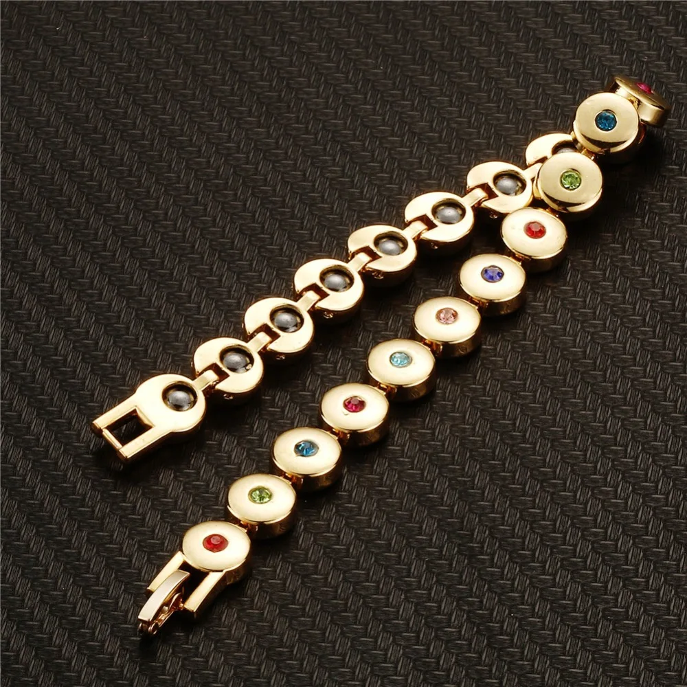 New Fashion Colorful Crystal Gem Woman Magnetic Bracelet Gold Color Copper Germanium Healing Jewelry Bio Energy Bangles