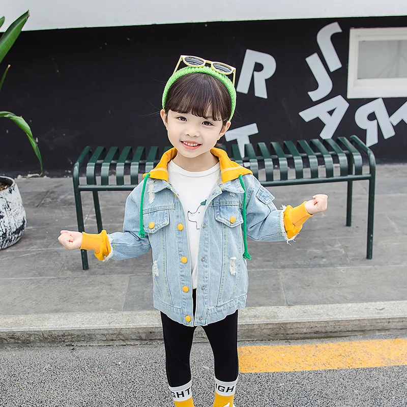 

Worn out Cowboy Jacket Splice Hooded Short Tide Grils Coat Printed Children's Jacket for Autumn Kids Simple Baby Pocket Outwear