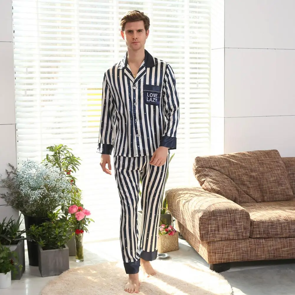 Для Мужчин's пятностойкий шёлк пижамный комплект Для мужчин пижамы в полоску шелковая ночная рубашка Для мужчин пикантные современные Стиль мягкие уютные атласная ночная рубашка Для мужчин лето - Цвет: Синий