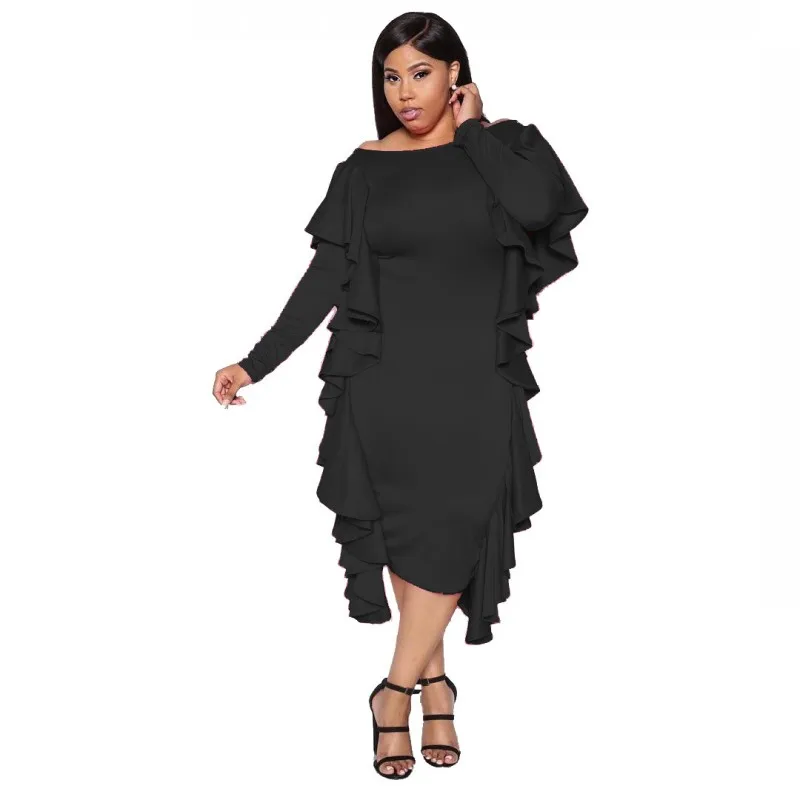 

2020 Autumn And Winter New Long-sleeved One-word Neck Wooden Ear Dress Women's Elegant And Dignified Black Slim All-match Dress