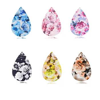 

10Pcs/lot Pu Leather Earrings Jewelry Accessory Rose Peony Flower Printed Charms Teardrop Earings Dangle For DIY Handmade Making