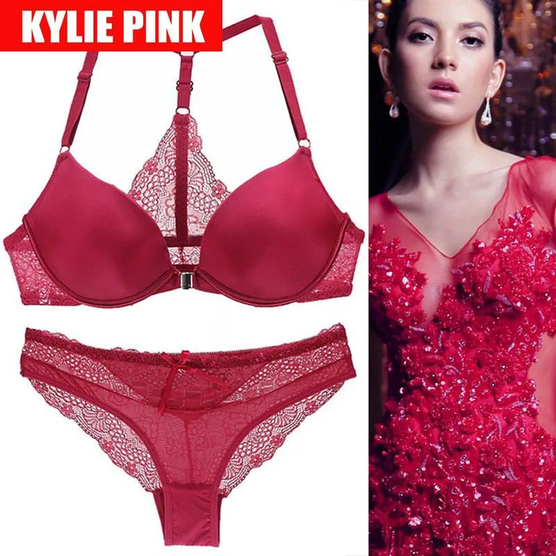 KYLIE, розовые кружевные комплекты нижнего белья, бюстгальтер для маленькой груди и трусики, сексуальные костюмы с пуш-ап эффектом, бюстгальтер с застежкой спереди, нижнее белье