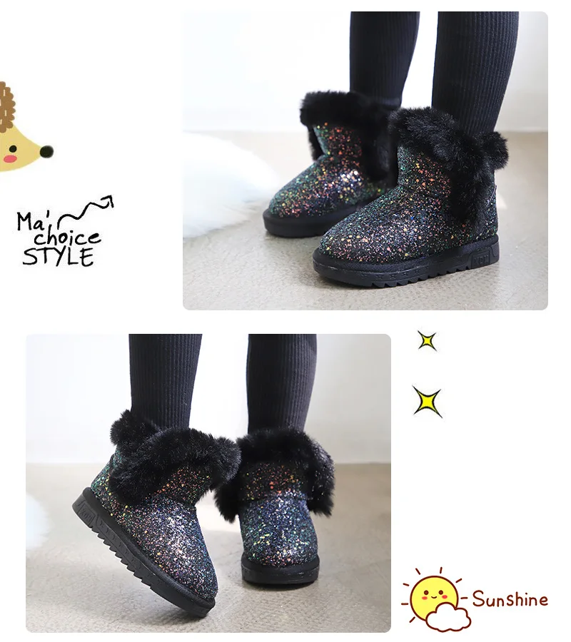 Зимние сапоги для девочек, зимняя теплая детская обувь на плоской подошве с круглым носком, детские мягкие сапоги розового, черного, золотого цвета, размеры 27-37, B418