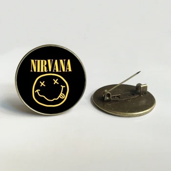 

Vintage convex round glass brooch rock band smile nirvana band glass brooch wholesale Metal brooch For Bar Music Festival Gifts