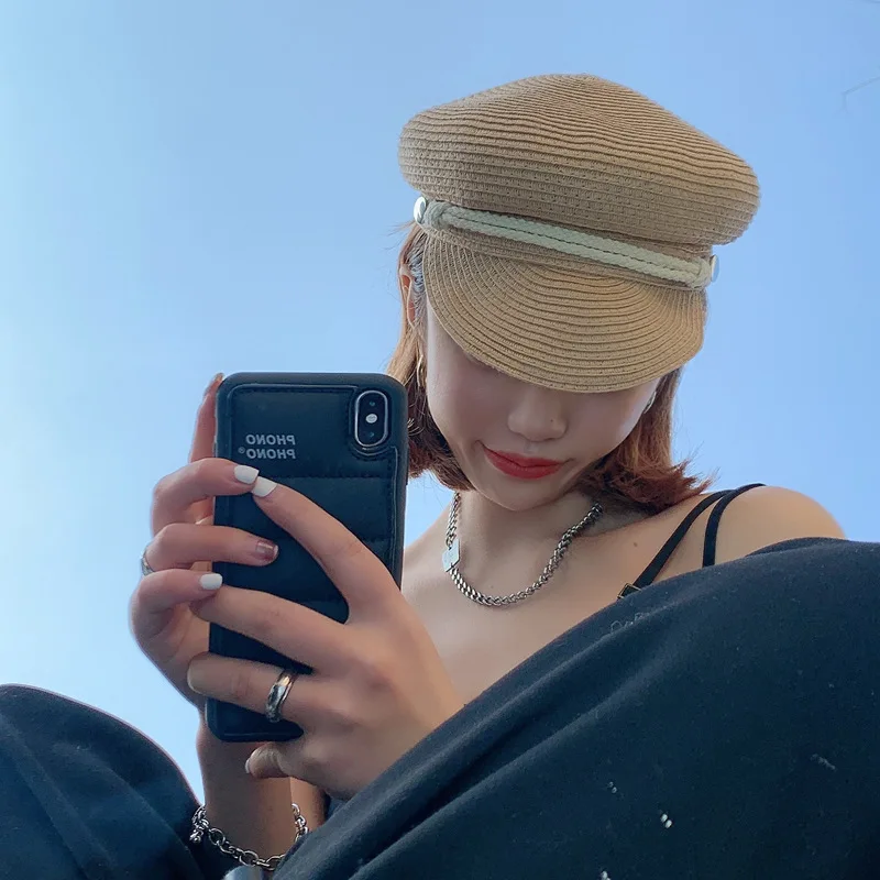 Women Short Brim Newsboy Cap Summer Breathable Woven Beret Straw Hats Beach Sun Hat Outdoor Casual Female Solid Octagonal Cap