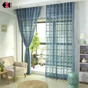

Blue Plaid Tulle Curtain for Living Room Kitchen Door Elegant Easy Matching Bay Window Treatment Panels M079C