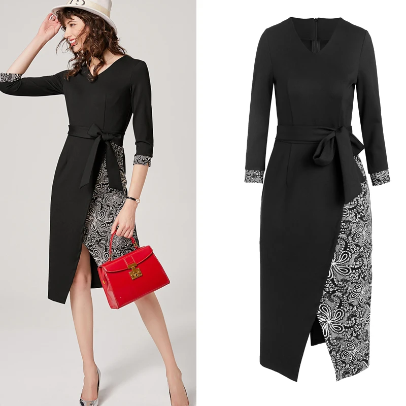 2019 Autumn Elegant Office Ladies Dress O Neck Lace Up Bow Asymmetrical Clothes High Waist Fashion Patchwork Slim Women Dresses |