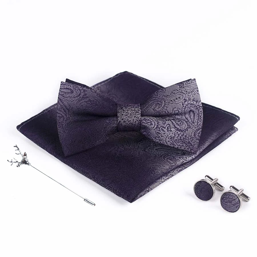 Жених Свадебная вечеринка бизнес мужской смокинг костюм фиолетовый белый карманное квадратное полотенце платок запонки галстук-бабочка набор