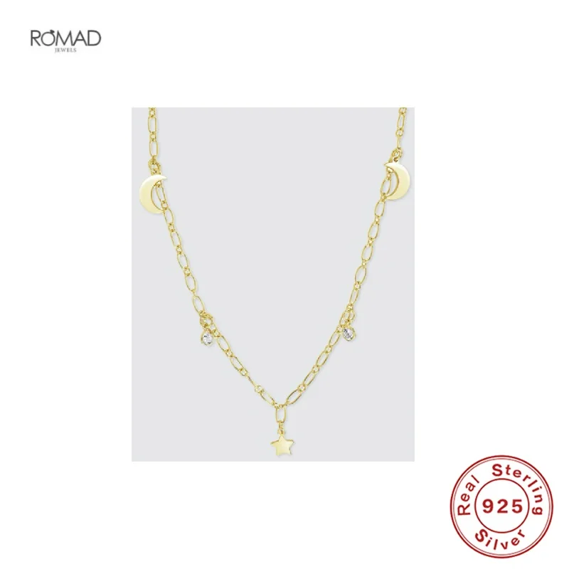 

ROMAD INS Moon Star Pendant Chain Necklace For Women Elegant Crescent Clavicle Chain Choker 925 Sterling Silver Collares Jewelry