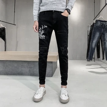 

Seller Recommend! Black Slim Fit Embroidery Men Jeans Simple All Match Casual Ripped Jeans Men Streetwear Hip Hop Denim Men Pant