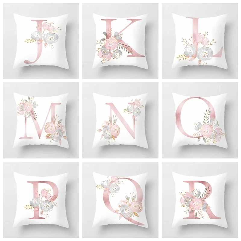 A/B/C-P Kids Room Decoration Letter Pillow Case English Alphabet Polyester Cushion Cover for Sofa Home Decor Flower Pillowcase