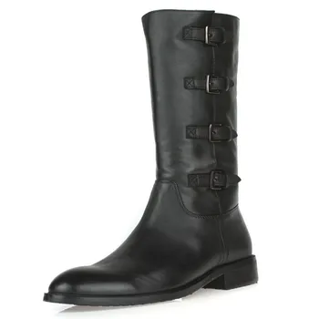 

Winter Top Brand Mens Military Mid Calf Motorcycle Buckle Med Heels Genuine Leather Riding Safety Shoes Army Work Boots