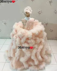 Pink Elegant  Sequins Ball Gown Flower Girl Dresses For Wedding  Tiered Ruffles Backless First Communion Dresses For Girls