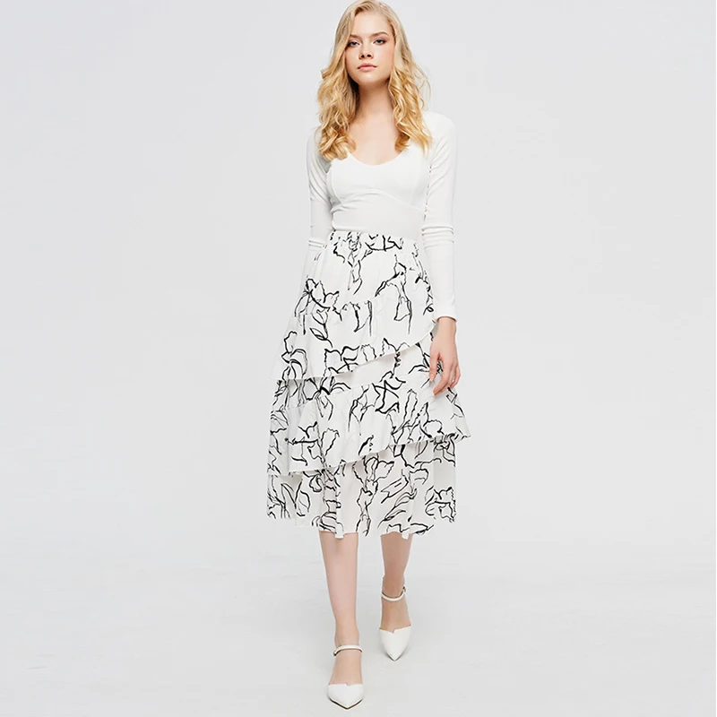 Vintage Pattern High Waist Ruffled Skirt Women Party Beach Skirts Womens Clothes Floral Pleated Skirt For Ladies