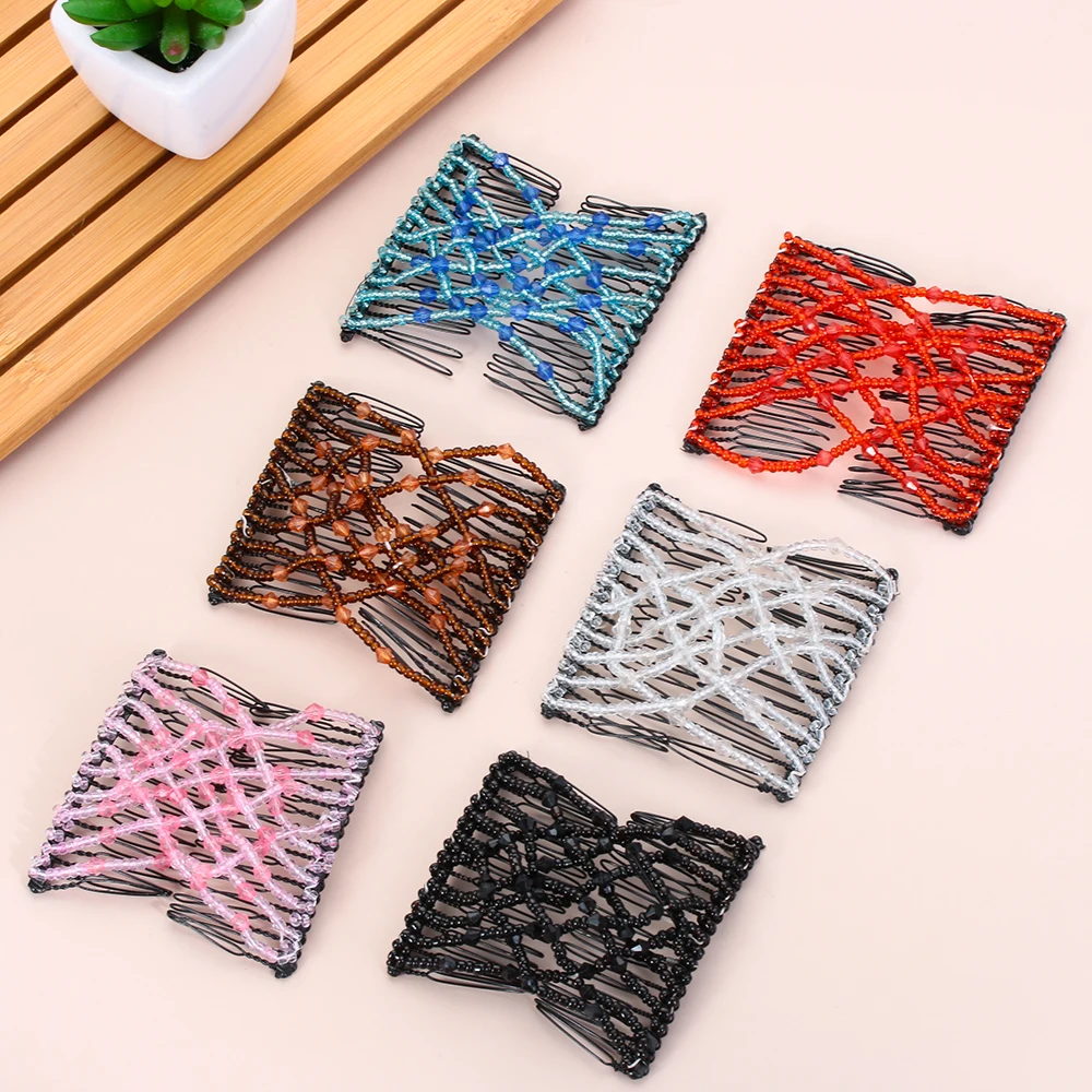 1 PC Hair Comb Stretch Double Comb Beaded Hair Clip Elastic Hairpin Claw Bun Maker Headwear Women DIY Hair Styling Tools