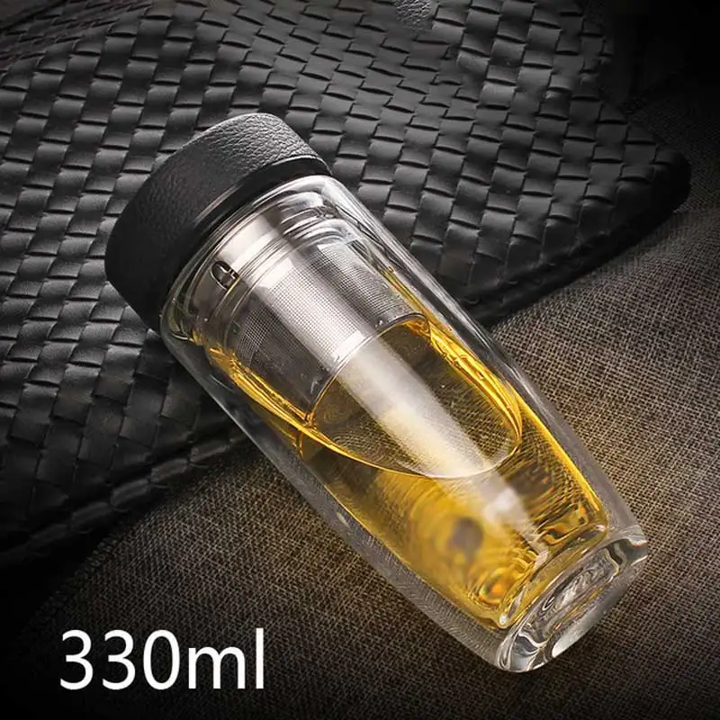 Leather Lid 300ml 400 мл бизнес Тип двойными стенками Стеклянная бутылка для воды с фильтром для заварки чая из нержавеющей стали портативный спортивный стакан для воды - Цвет: Leather Lid 300ml