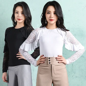 

Modern Latin Dance Tops Female Adult Dance Clothes Sexy Lace Long Sleeve Shirt Practice Training Shirt For Cha Cha Samba DWY2089