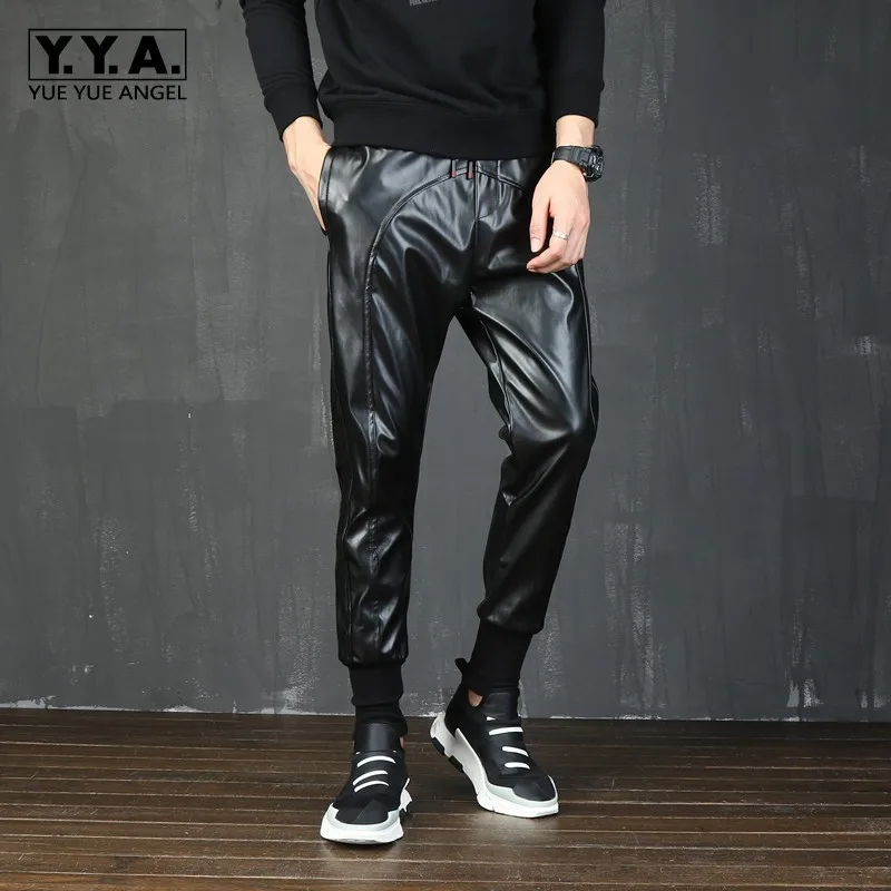 

Korean Mens Motorcycle Patchwork Faux Leather Harem Pants Drawstring Elastic Waist Plus Size Male Jogging Trousers Streetwear