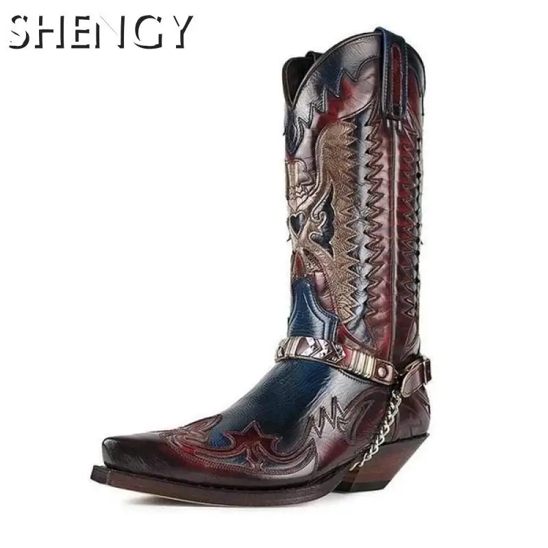 Botas de media caña para hombre, zapatos de cuero de imitación, estilo  vaquero occidental, Retro, punta estrecha, para exteriores, motocicleta,  invierno, 2020| | - AliExpress