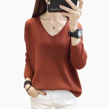 

Women Sweaters 2019 V-neck Pullover Sweater Blouse Knit Women Korean-style Loose-Fit Simple winter Women Sweaters