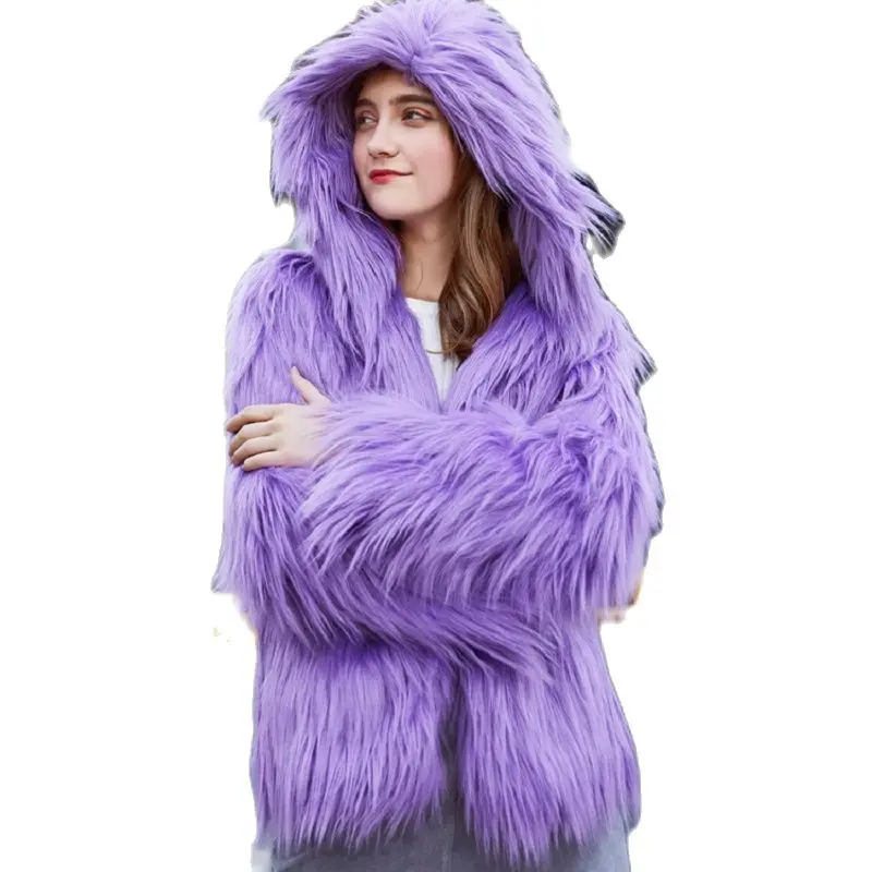 

European and American female winter Clothing sweater cardigan loose Hooded Coats Women thickening Faux Fur Coat