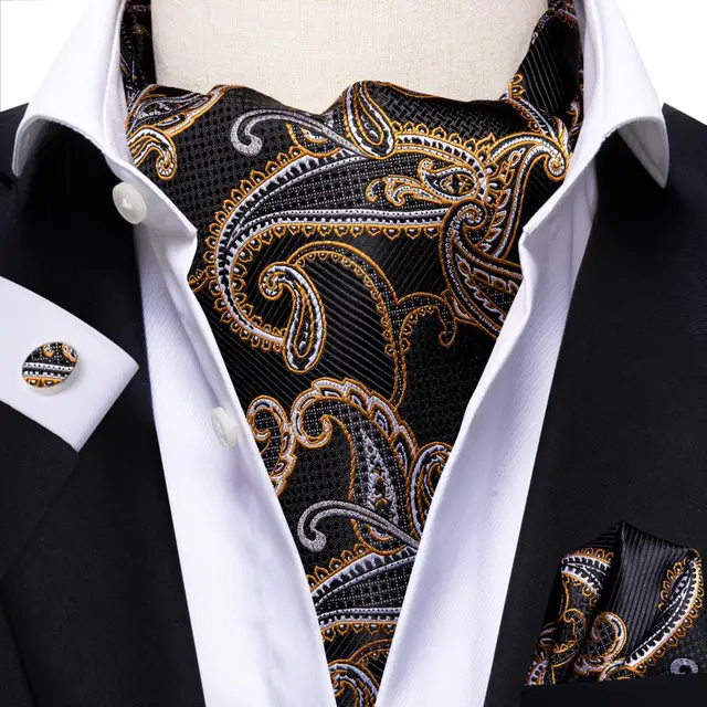 Hi-Tie Silk Men's Ascot Tie Pocket Square Cufflinks Set Cravat Ascots Scrunch Self British Style Gentleman Dress Scarves Party AS-1049