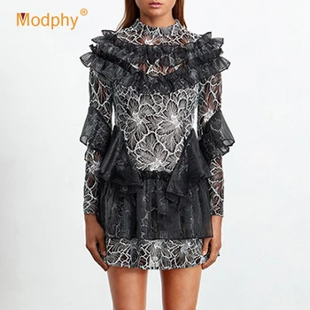 

Modphy 2020 Fashion Spring New Print Dress Women Sexy Patchwork Ruffled Long Sleeve Hollow Black Mini Dress Club Party Vestidos
