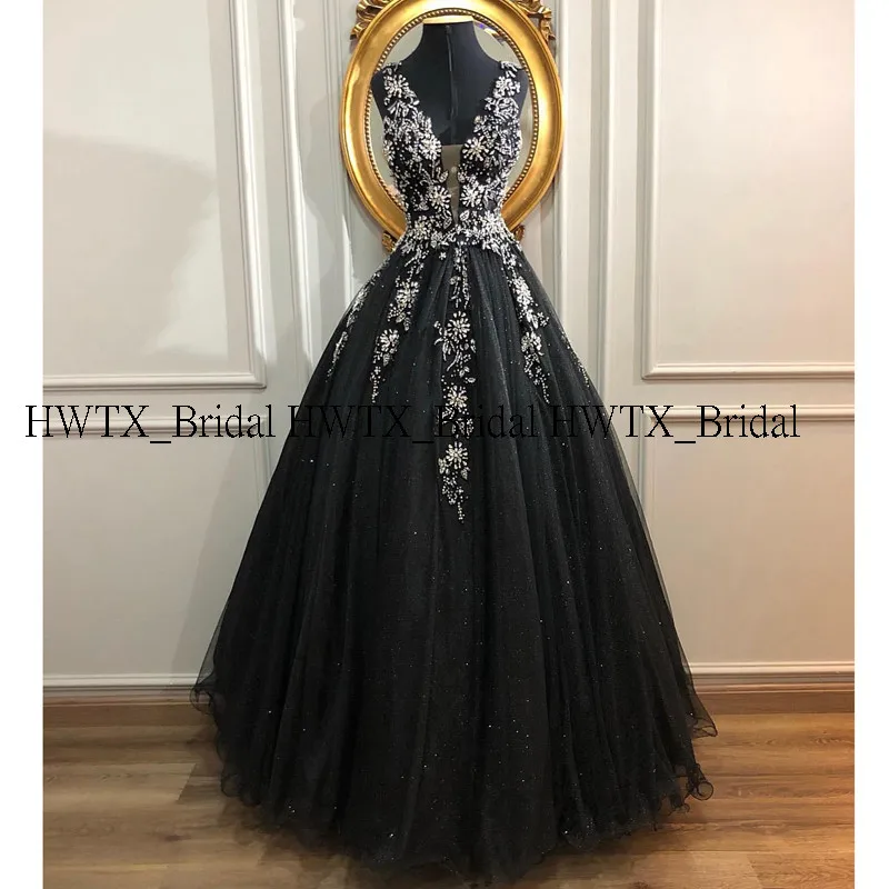 HWTX_Bridal Роскошные Кристаллы Черное вечернее платье без рукавов v-образный вырез Тюль длинное Бальное Платье vestidos de fiesta de noche
