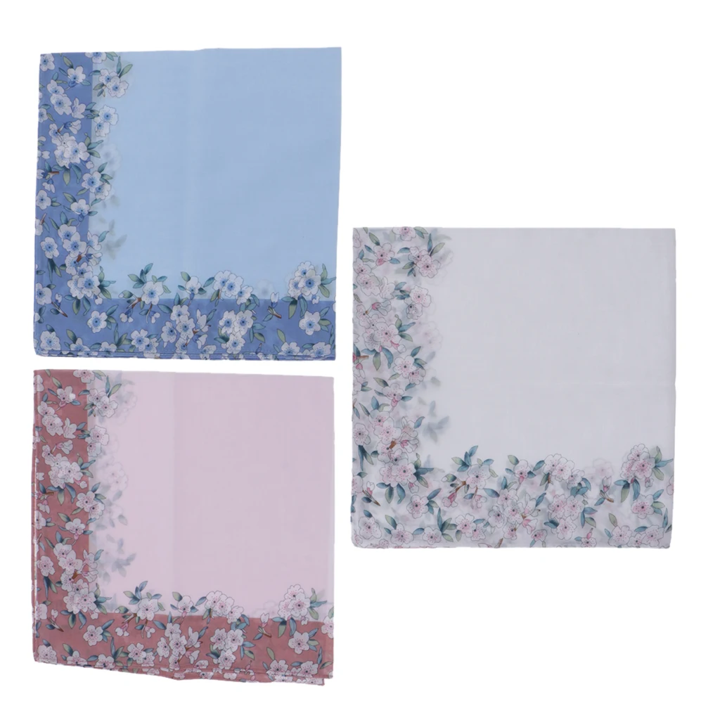 3pc Pink Blue White Handkerchiefs Women Flower Printed Hanky Soft Kerchiefs Wedding Party Hankie 43X43cm Ladies Handkerchief 