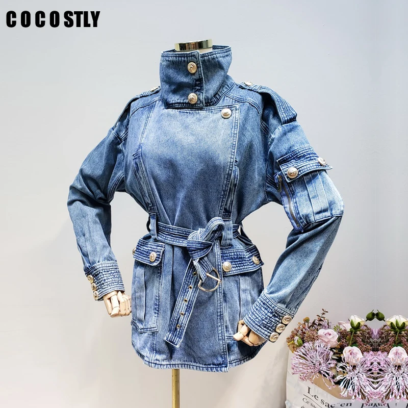 

Golden Button Turtleneck Vintage Thick Denim Jacket For Women 2019 Autumn jean jacket Long Sleeve Loose Casual Coat With Belt