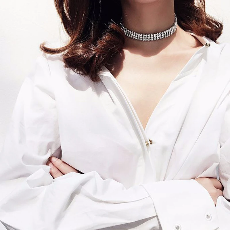 NEW Crystal Rhinestone Choker Necklace Women Wedding Accessories Silver Color Chain Punk Gothic Chokers Jewelry Collier Femme