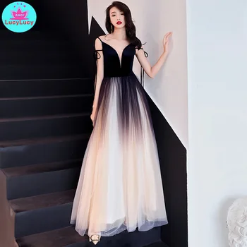 

2019 new banquet party black temperament fashion dinner party dignified atmospheric long dress Floor-Length Spaghetti Strap