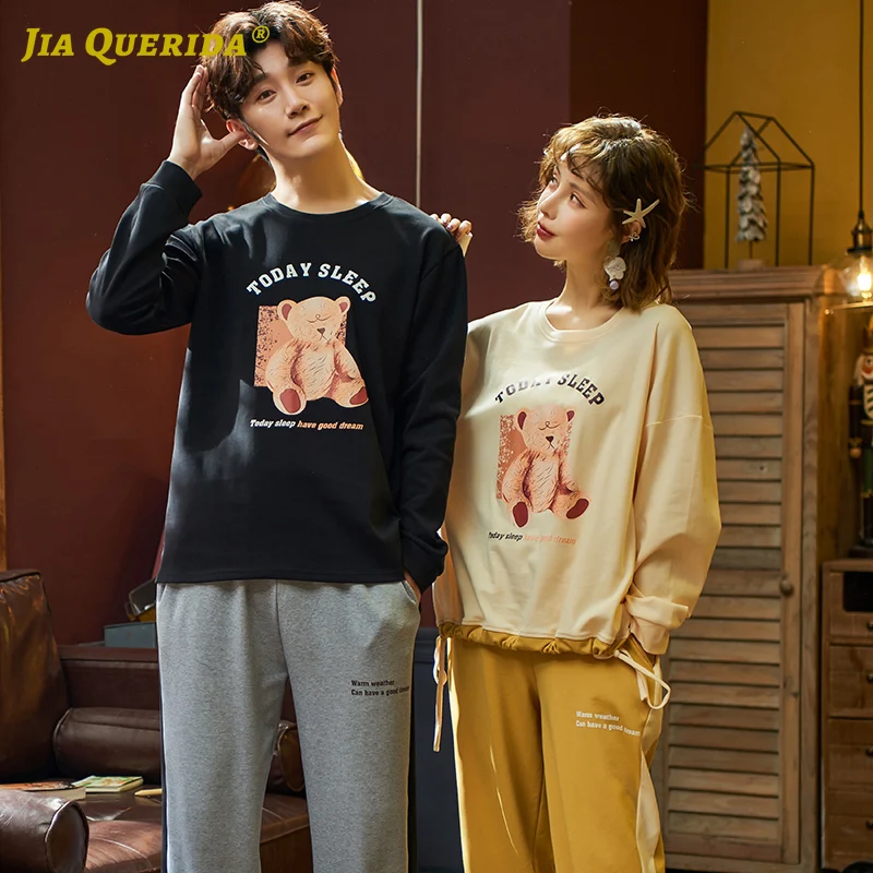 

New Couple Pajamas Spring Pajama Sets Homesuit Long Sleeve Long Pants Pj Set Bear Printing Cuffs Leggings Sleepwear Casual Style