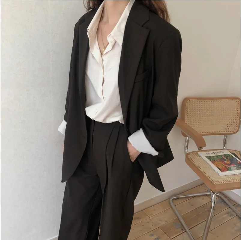 Комплект из двух предметов, женский корейский стиль, для отдыха, Ретро стиль, с отворотом, длинный рукав, пиджак+ высокая талия, подвеска, широкие брюки, брюки