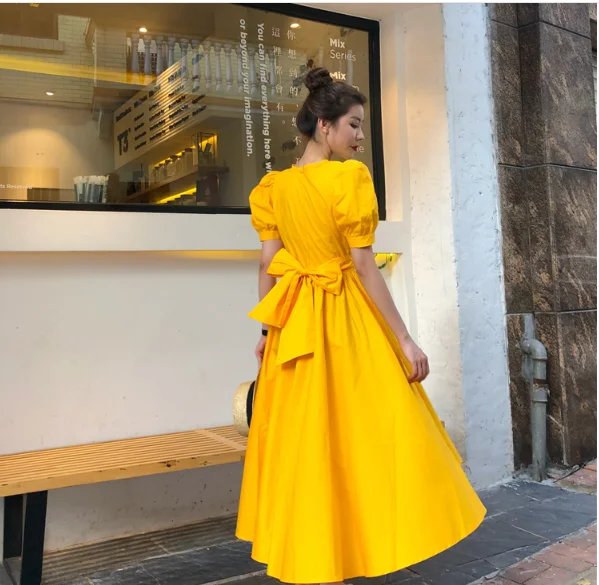 

2022 Elegant big bow women party dress Fashion solid short sleeve long maxi party dress for woman Korean boho female clothing