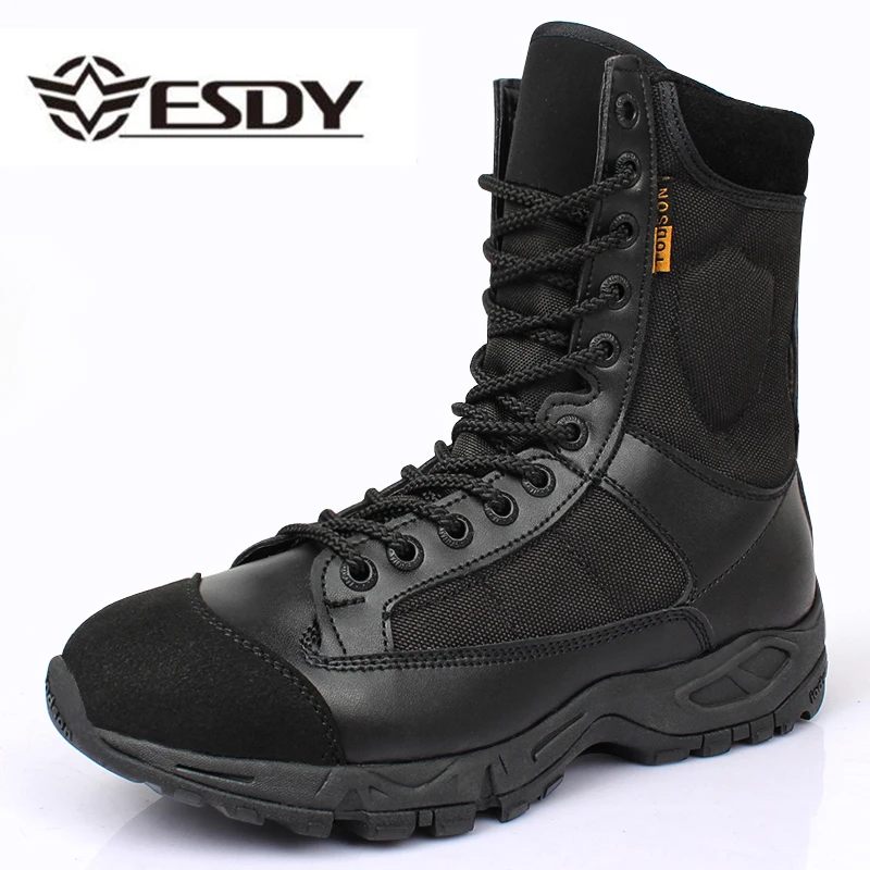 Men Winter Tactical Boots Genuine Leather Lace Up Black Army Combat
