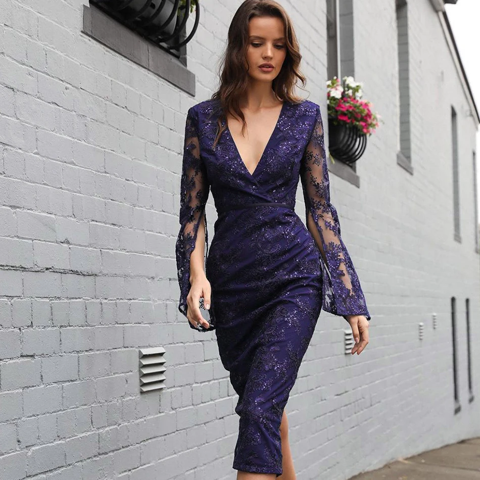 

Adyce 2019 New Autumn Long Sleeve Sequin Bandage Dress Women Sexy Lace V Neck Club Celebrity Evening Runway Party Dress Vestidos