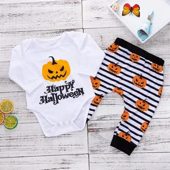 

Girls Boys Set Halloween Alphabet Striped Pumpkin Print Triangle Tops Bodysuit Soft Cotton Pants Cute Two-Piece Set